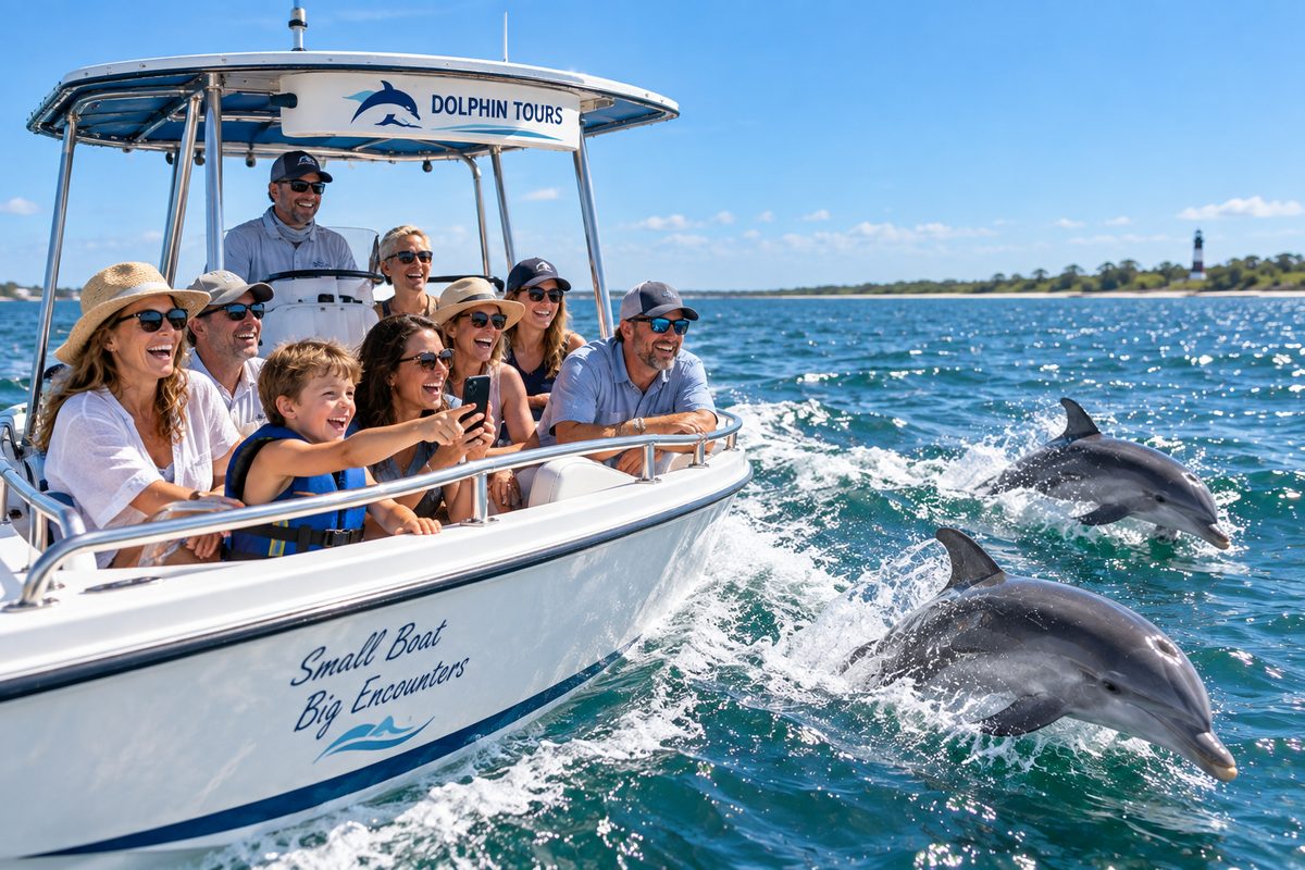 Dolphins riding the wake past the lighthouse